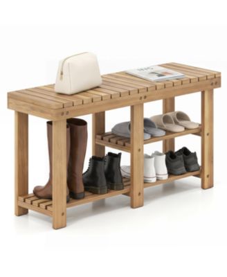 3 Tier Solid Wood Shoe Rack Bench with Slatted Shelves L