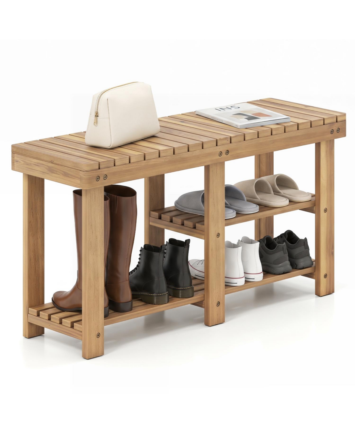 Mecale 3 Tier Solid Wood Shoe Rack Bench with Slatted Shelves L - Natural