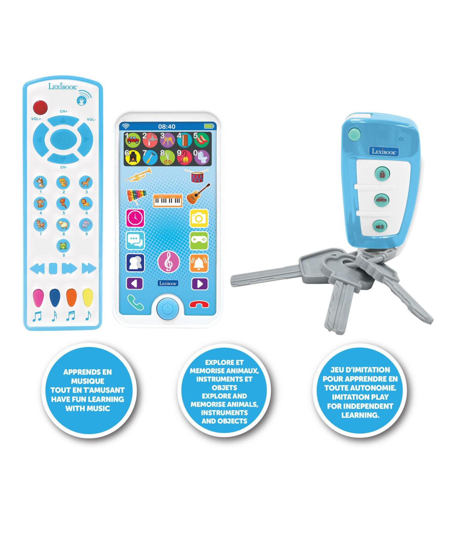 Детские игрушки Lexibook Educational Musical Set with Animals Telephone, Remote Control and Key Ring, 3-Piece Set, от 3 лет, цвет: Белый — фото 2