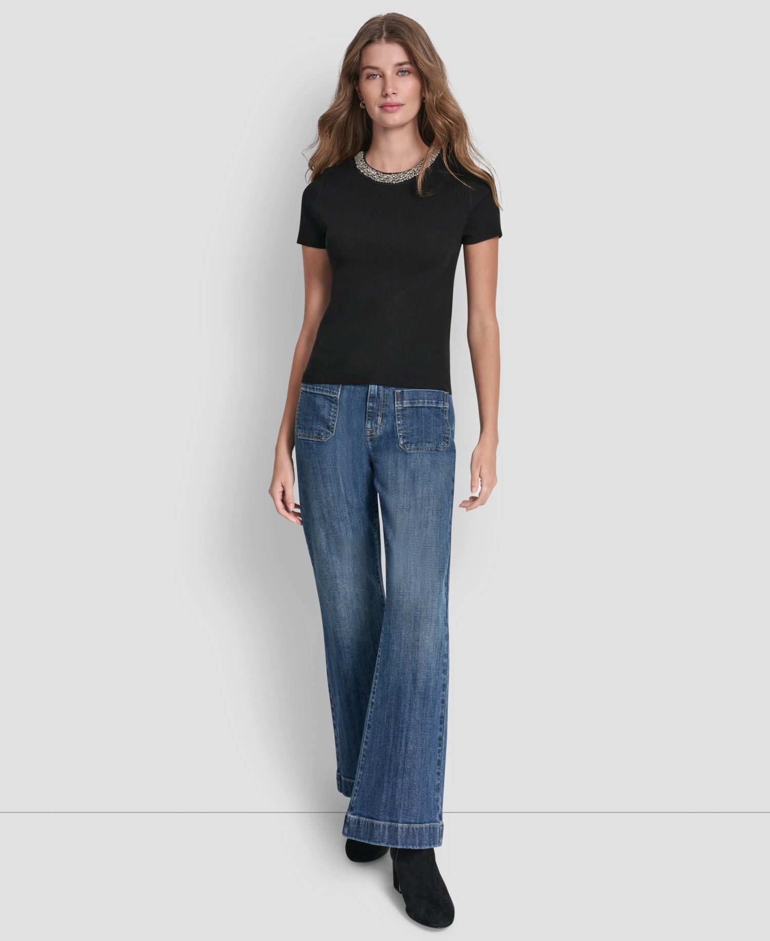 Petite Embellished Ribbed-Knit Short-Sleeve Crewneck Sweater