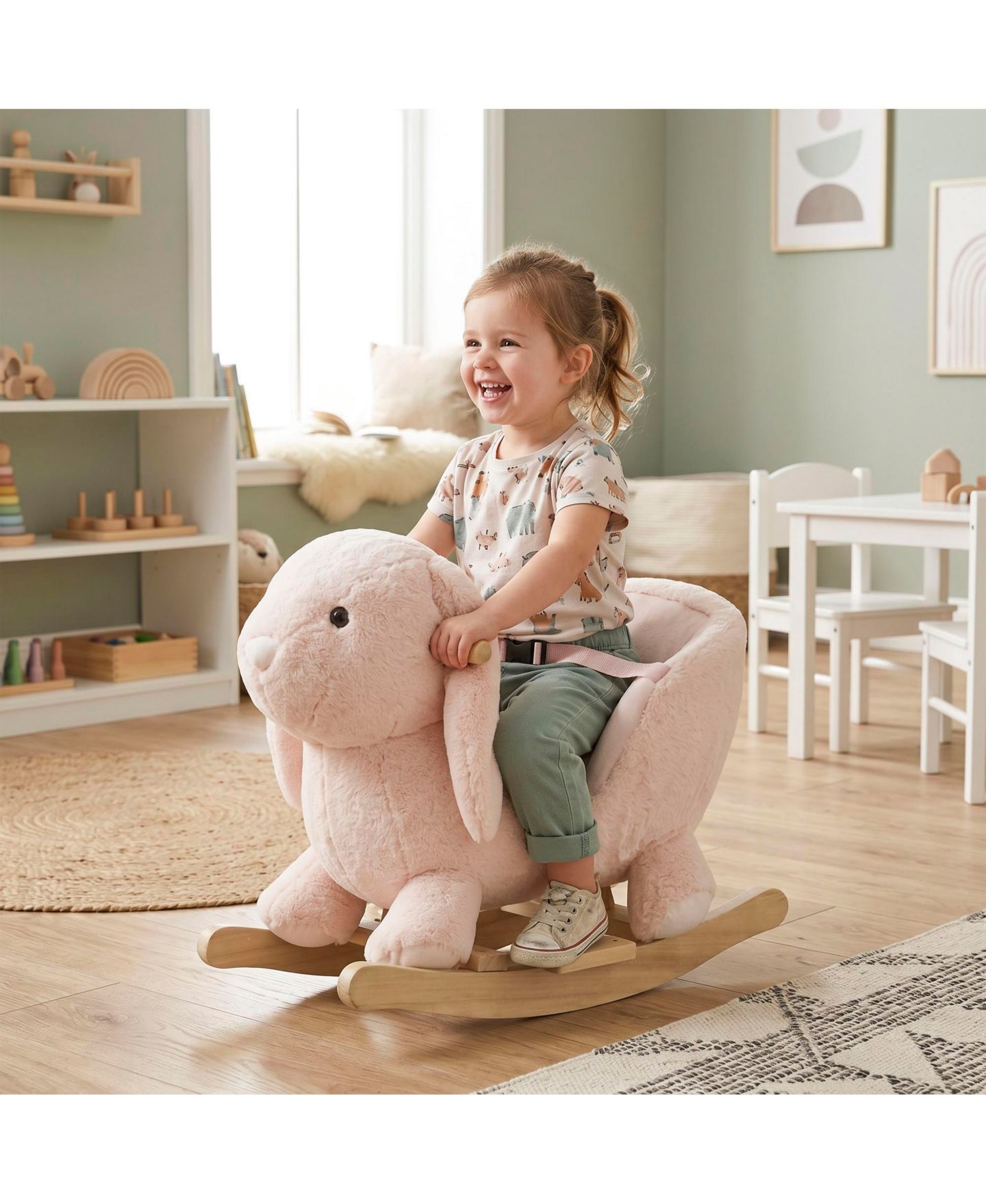 Детская мягкая игрушка Glintex Rocking Rabbit Plush Ride-On Rocker with Realistic Sound, 88-lb Capacity, Ages 18-36 Months, цвет: Розовый — фото 4