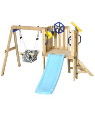 Wooden Swing Set with Slide, Fort, Captain's Wheel and Telescope, 220 lbs, Ages 1.5-4