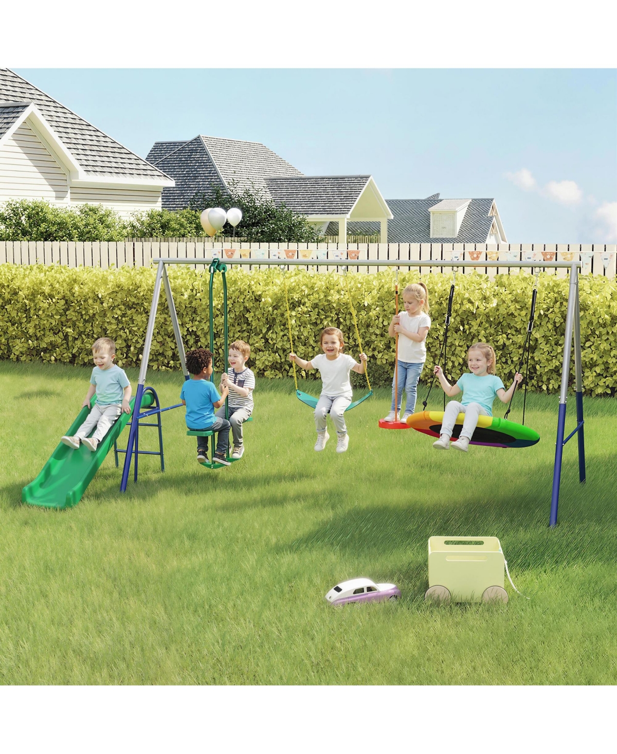 Glintex 5-in-1 Kids Swing Set with Slide, Nest Swing, Belt Swing, Glider, Standing Swing, Steel A-Frame, 771 lbs Capacity, Ages 3–8