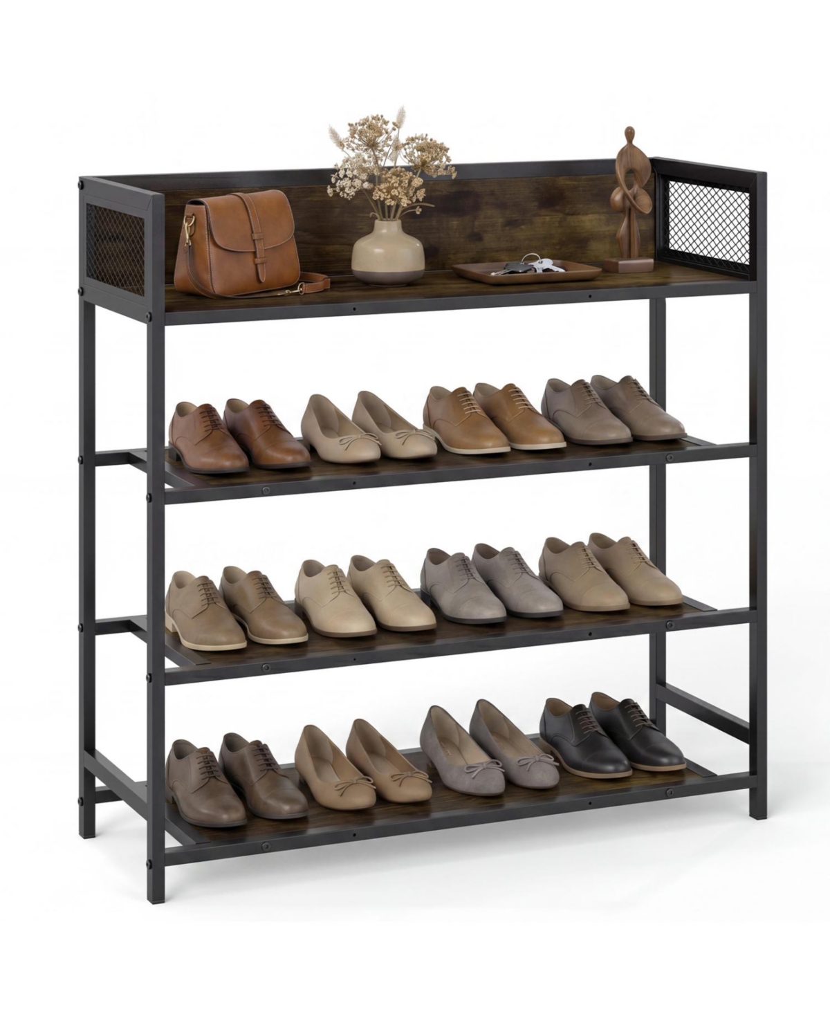 Mecale 4 Tier Shoe Rack Industrial Shoe Organizer with Heavy Duty Metal Frame Rustic