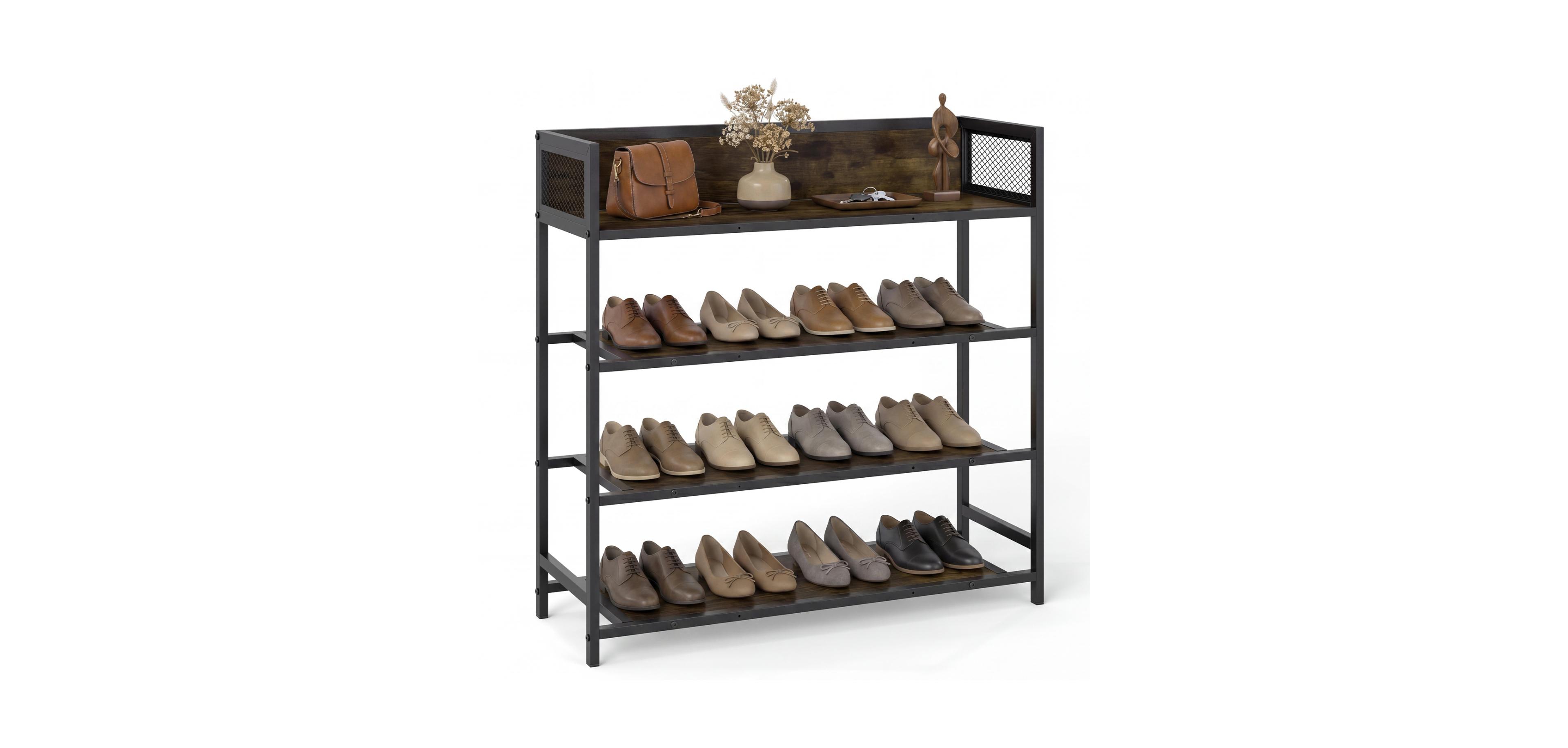 Mecale 4 Tier Shoe Rack Industrial Shoe Organizer with Heavy Duty Metal Frame Rustic