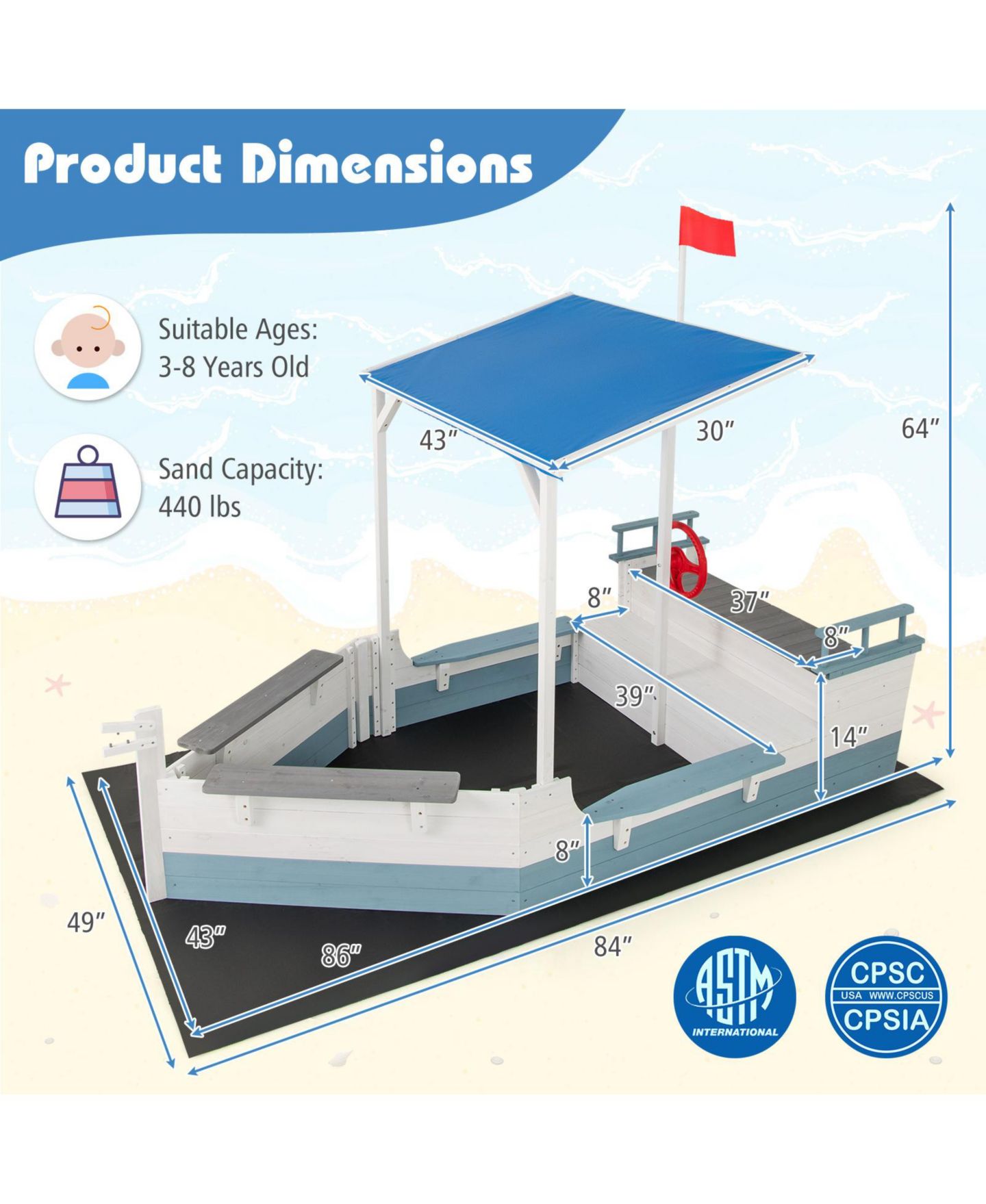 Детская игрушка Glintex Pirate Ship Sand Pit With Canopy & Bench Seats, 86"L x 43"W x 64"H Fir Wood, 440 lb Sand, Ages 3-8, цвет: Белый — фото 4