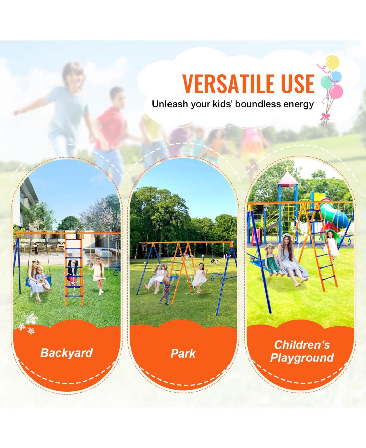 Детские игрушки Glintex 6-in-1 Metal A-Frame Swing Set with 2 Swings, Trapeze Bar, Climbing Ladder, Climbing Net & Basketball Hoop, 440 lb Capacity, Ages 3-12, цвет: Синий — фото 7