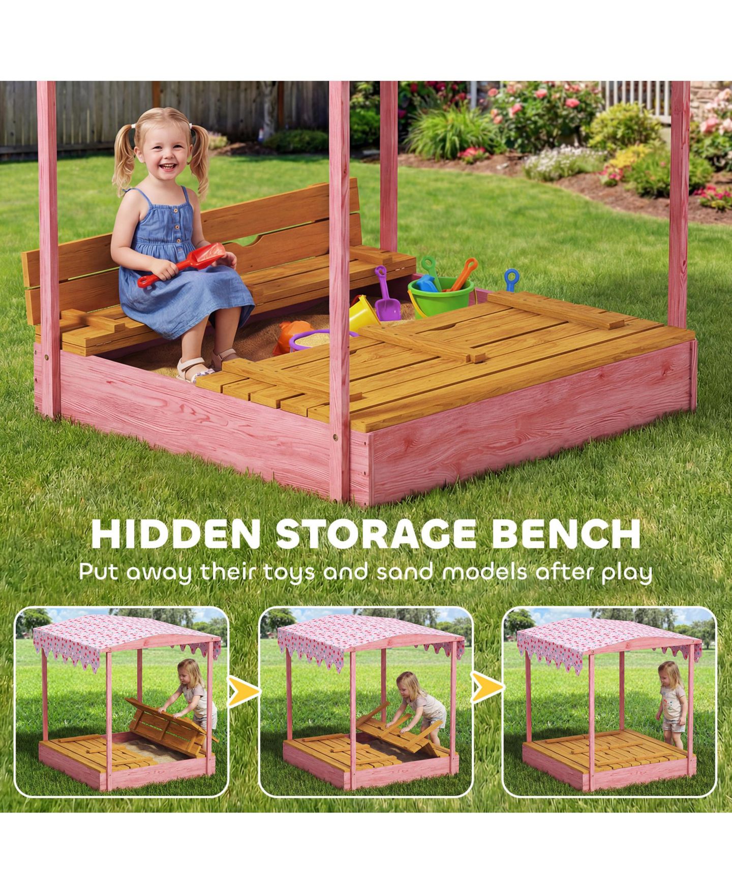 Детская игрушка Glintex Wooden Kids Sandbox with Flamingo Print Canopy and Fold-Down Bench Cover, 53"L x 50.2"W x 51.2"H, Ages 3-6, цвет: Розовый — фото 5