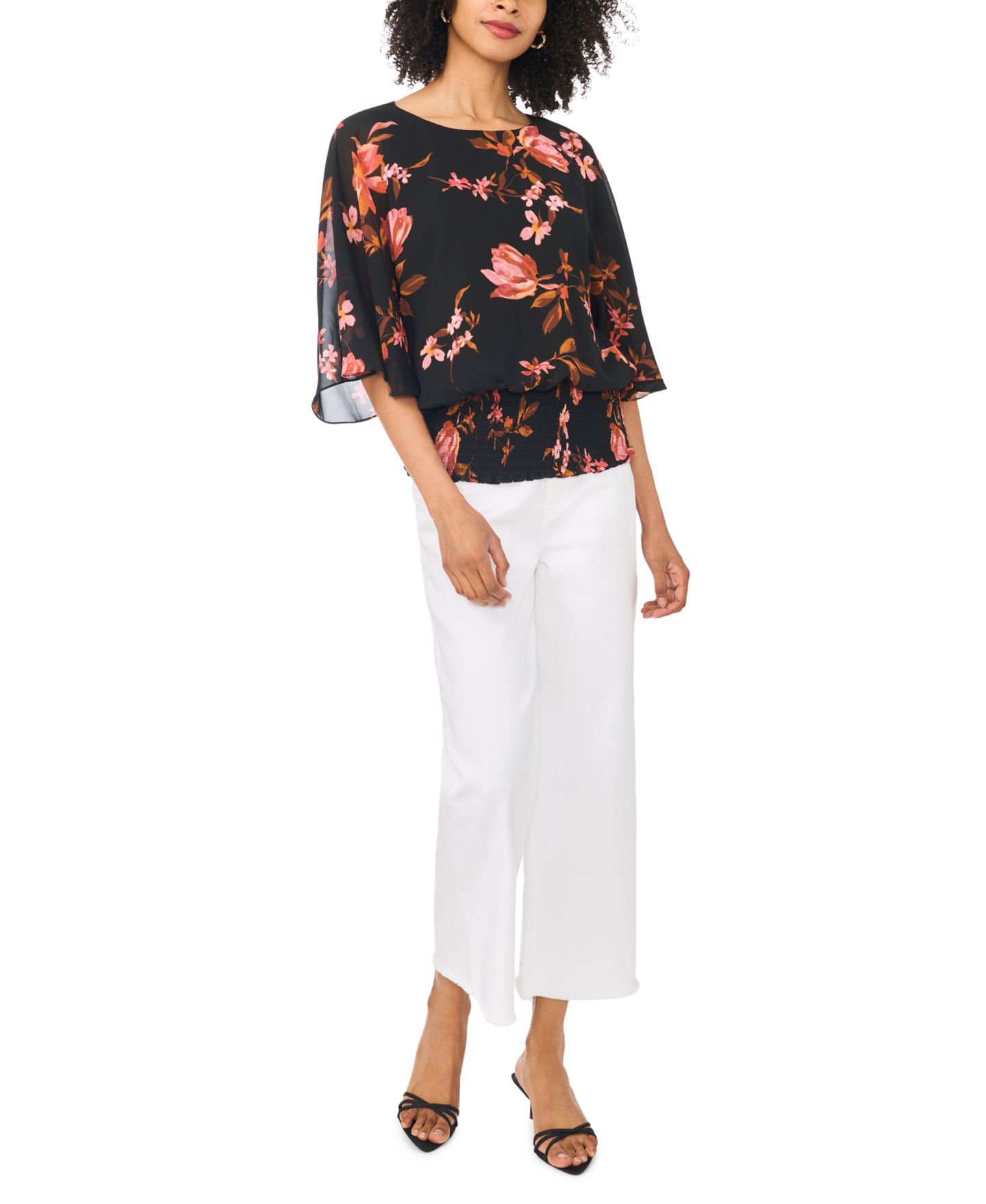 Женская блузка Sam & Jess Dolman Sleeve Floral-Print Smocked-Band, цвет: Насыщенный чёрный — фото 2
