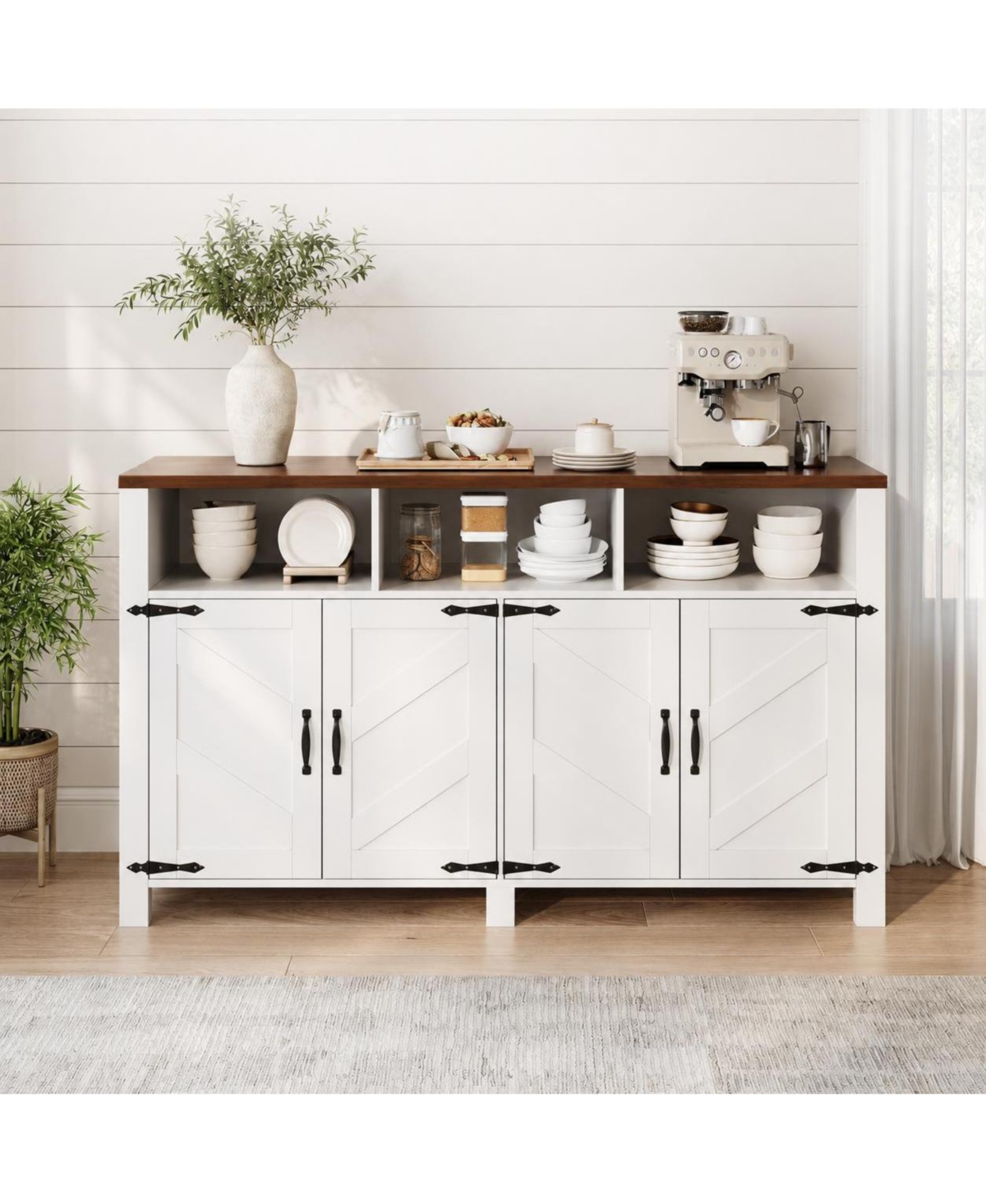 homfan 55.1" Modern Sideboard Buffet Cabinet with Led Lighting and Power Strip - White