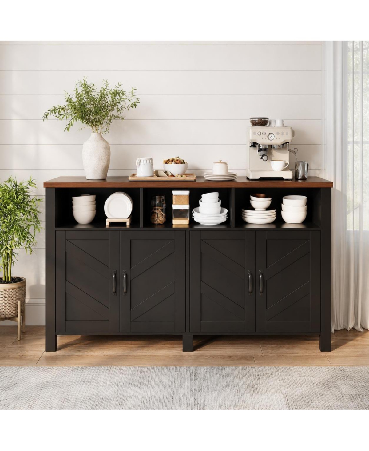 homfan 55.1" Modern Sideboard Buffet Cabinet with Led Lighting and Power Strip - Black