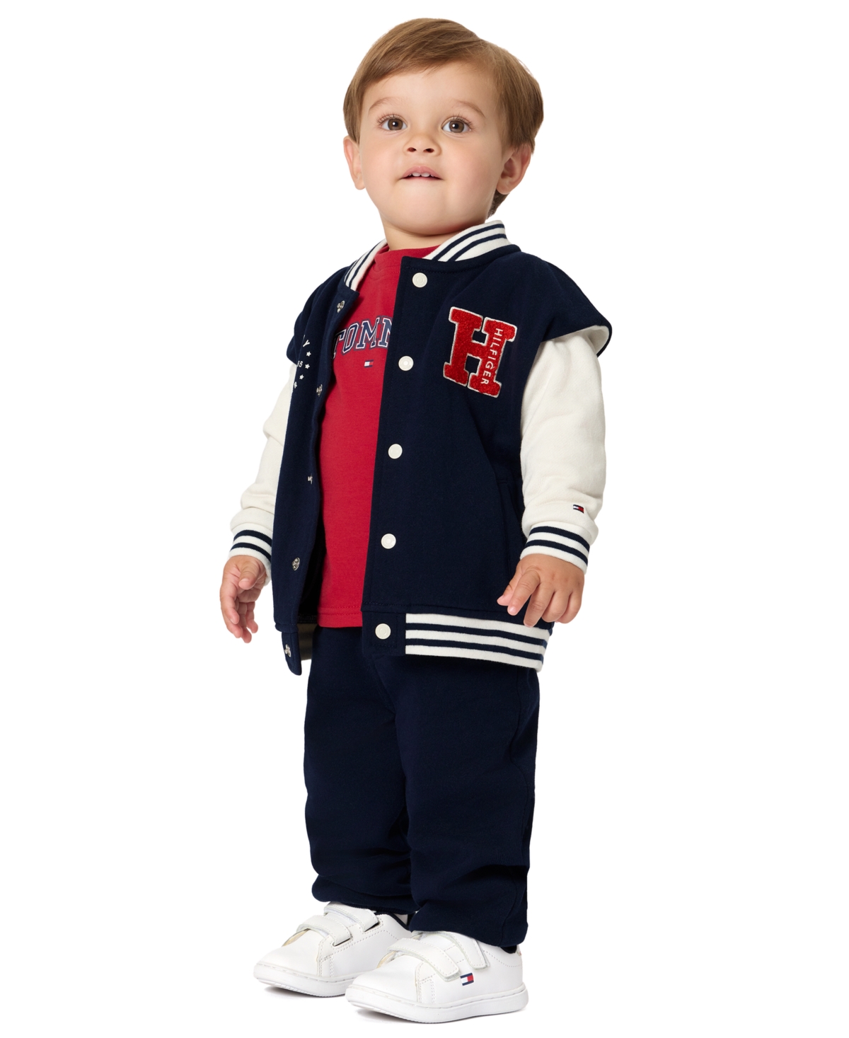 Tommy Hilfiger Baby Boys' Fleece Varsity Jacket, T-Shirt and Jogger Pants, 3-Piece Set - Navy/Red