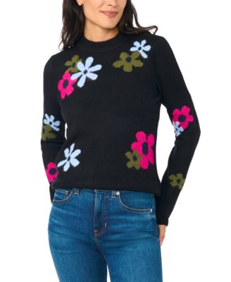 Women's Crewneck Flower Patterned Knit Long-Sleeve Sweater