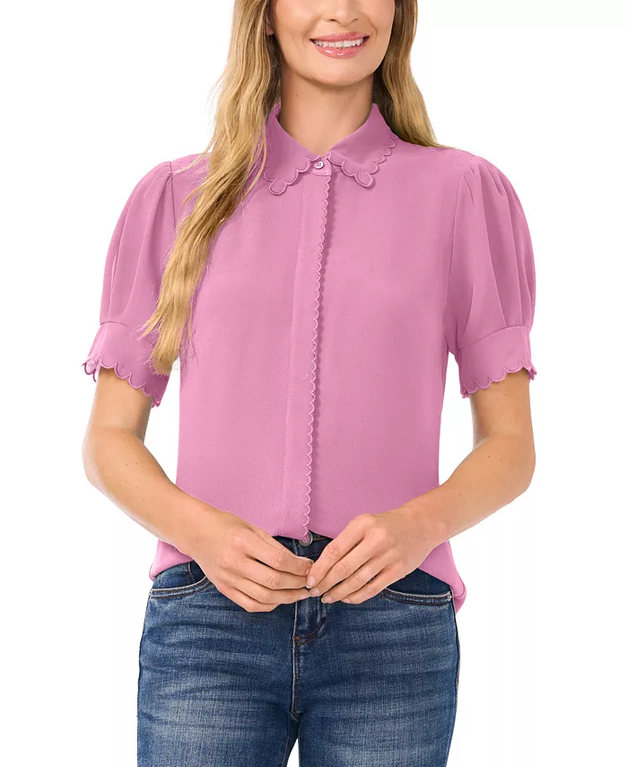 Women's Scalloped Puff-Sleeve Button-Front Top - thumbnail 2