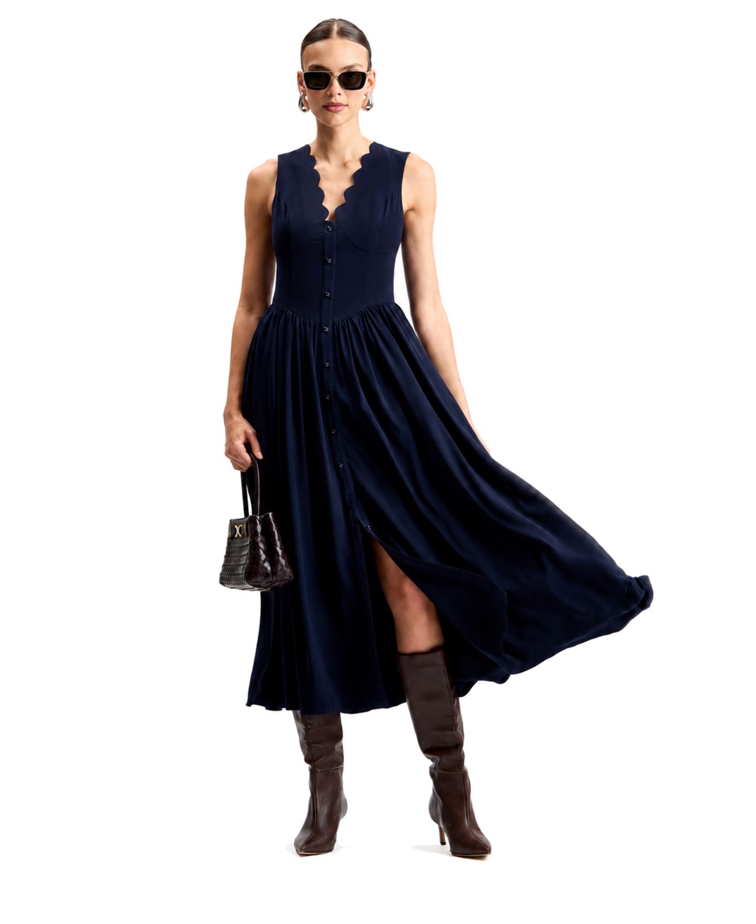 Women's Scallop-Neck Button-Front Stretch Crepe Maxi Dress