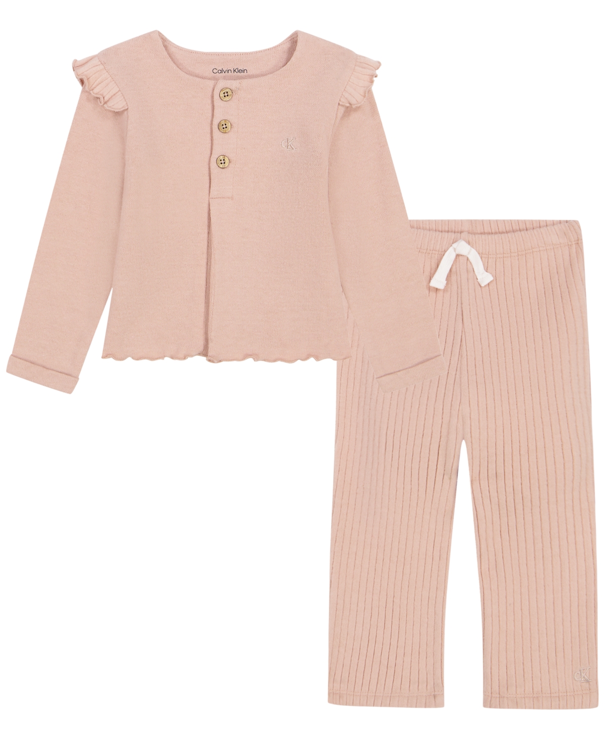 Calvin Klein Baby Girls' Ruffle-Trim Long-Sleeve Top and Wide-Leg Pants, 2-Piece Set