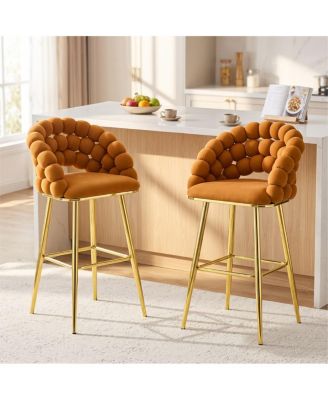 Bubble Bar Stools Set of 2, Velvet Upholstered Bar Chairs With Tufted Back, Gold Metal Legs, Counter-Height Seating for Kitchen Island