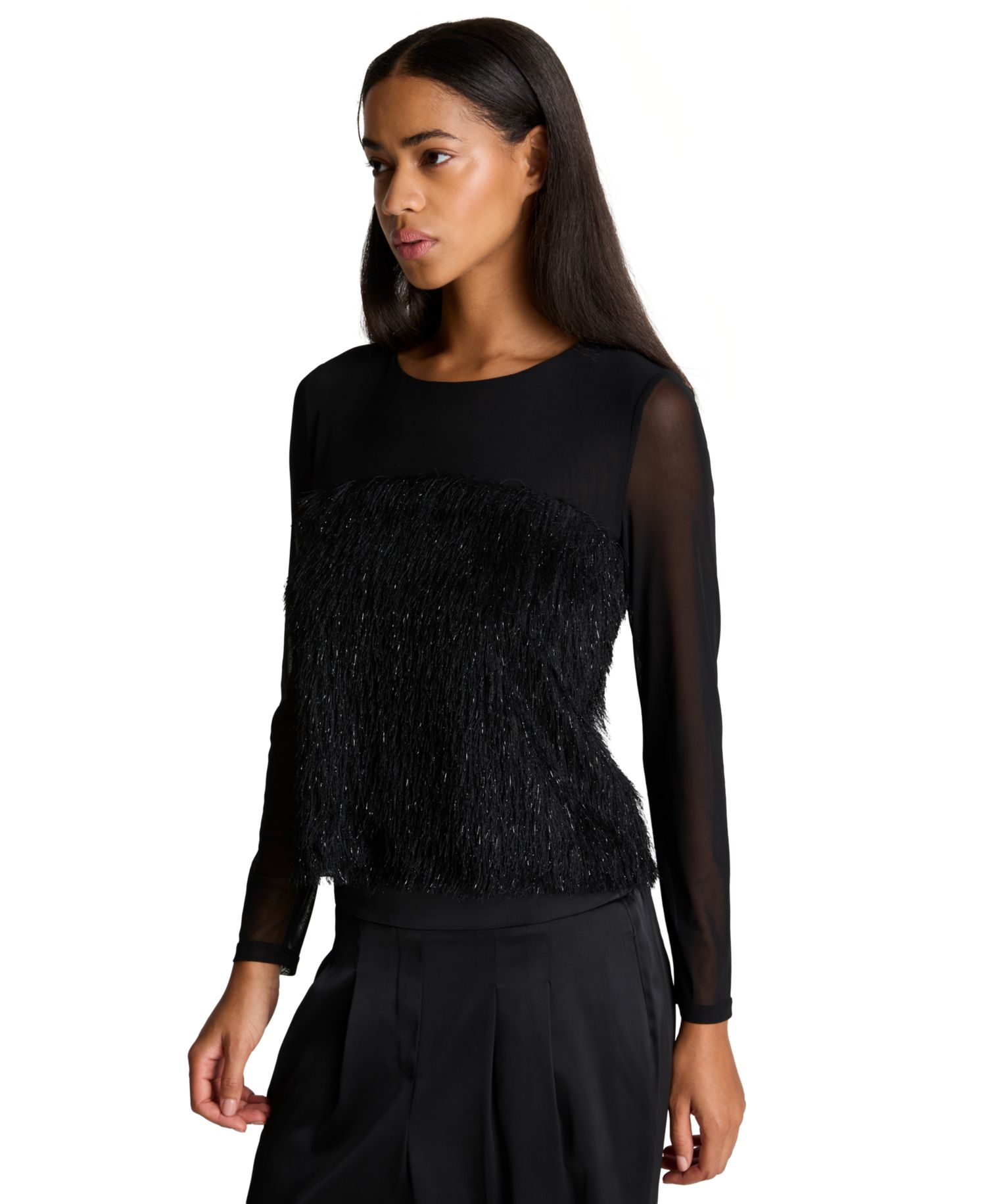 Women's Mesh and Lurex Fringe Long-Sleeve Pullover