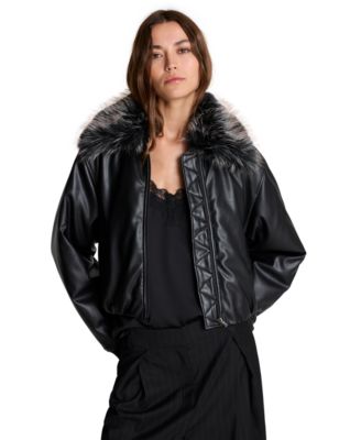 Women's Removable Faux-Fur Collar Puffer Faux Leather Jacket