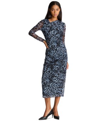 Women's Long Sleeve Twist Bodice Midi Leopard-Print Dress