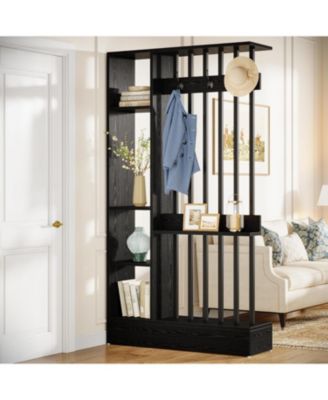 71" Wall Room Divider with Shelves and Coat Hooks, Wood Freestanding Room Divider Bookcase for Home and Office Decorative