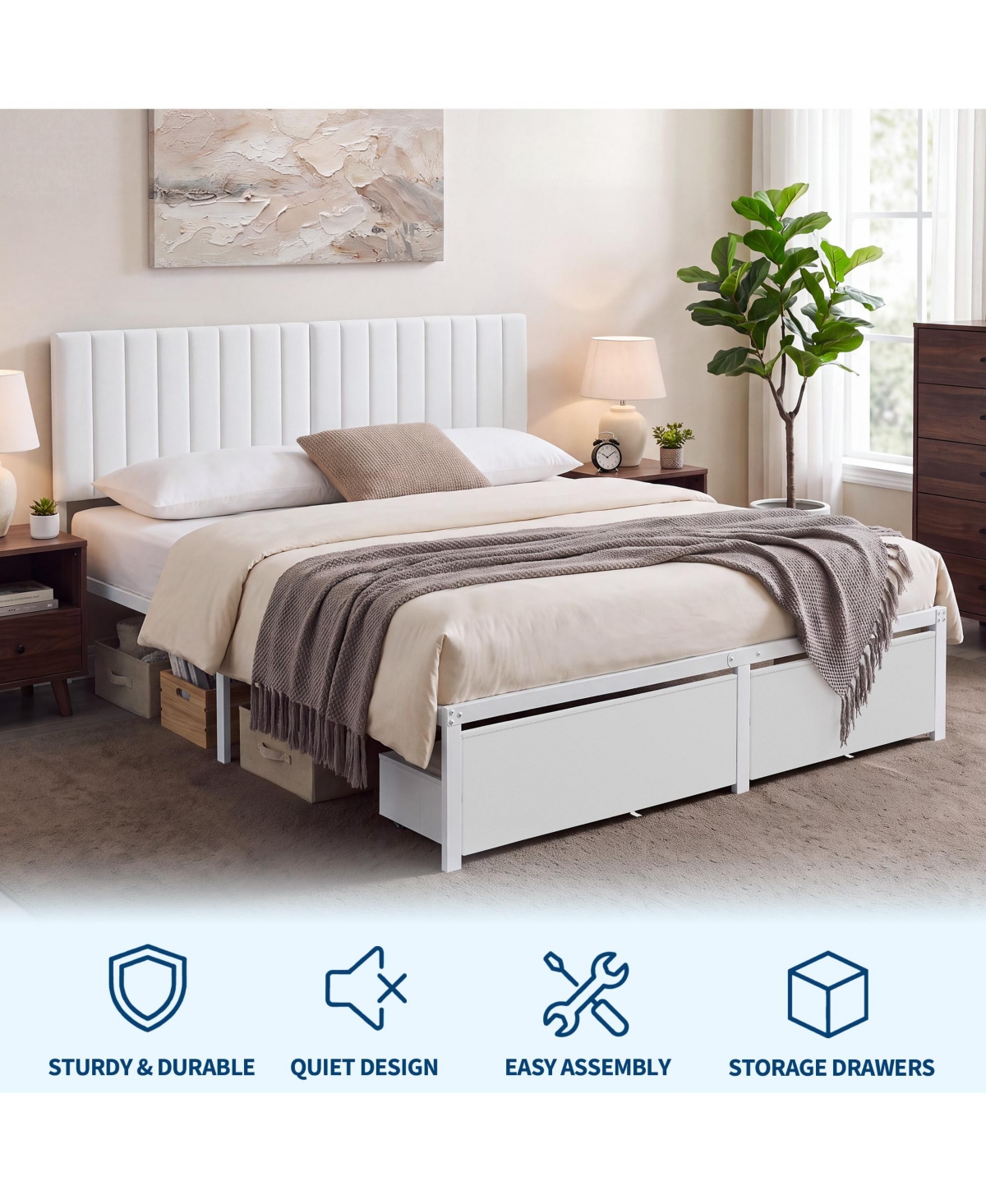 homfan Bed Frame with Upholstered Headboard, Adjustable Headboard Iron Platform Bed, No Box Spring Needed