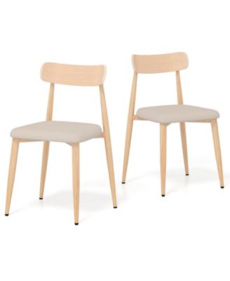 Linen Fabric Upholstered Modern Dining Chair Set of 2 with Padded Seat and Curved Back Oak