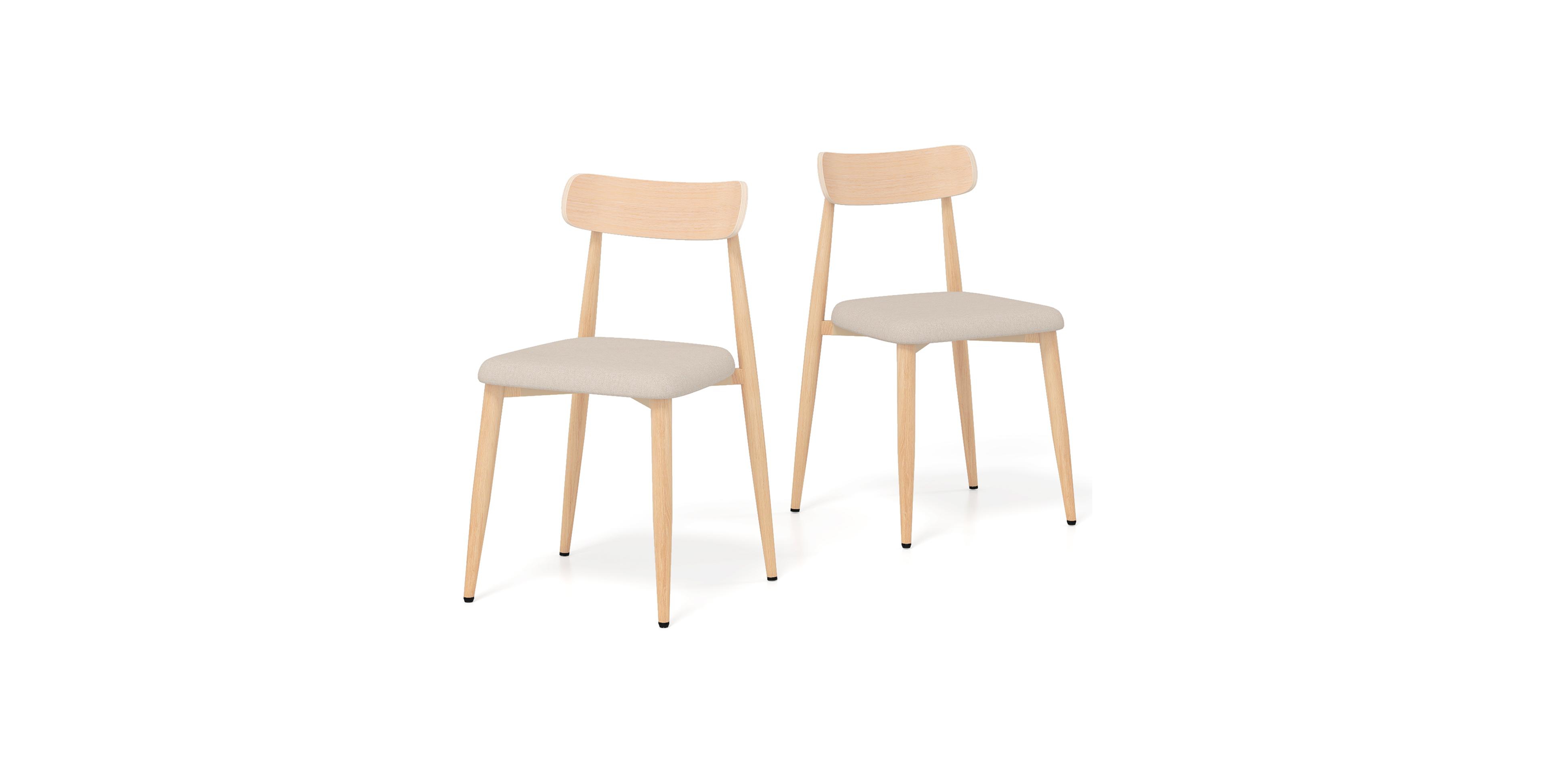 Mecale Linen Fabric Upholstered Modern Dining Chair Set of 2 with Padded Seat and Curved Back Oak