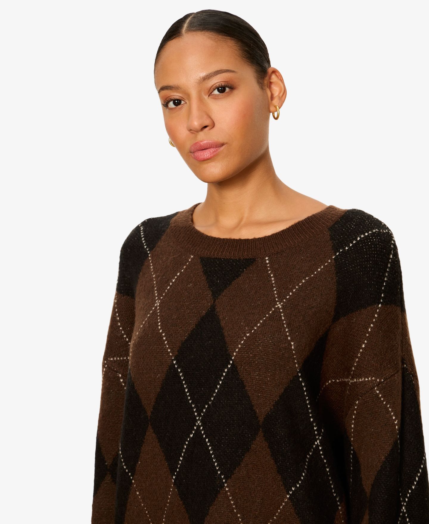 Женский свитер Sanctuary Argyle Crew Long-Sleeve Pullover, цвет: Тёмно-коричневый с ромбами — фото 5