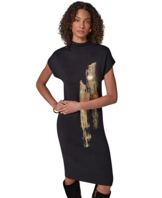 Petite Cap Sleeve Metallic-Print Graphic Midi Sweater Dress