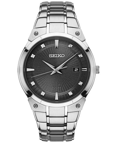 Seiko Men's Solar Diamond Accent Stainless Steel Bracelet Watch 41mm SNE429