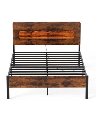 Slatted Full Bed Frame with LED Lights and Storage Headboard No Box Spring Needed Full Size
