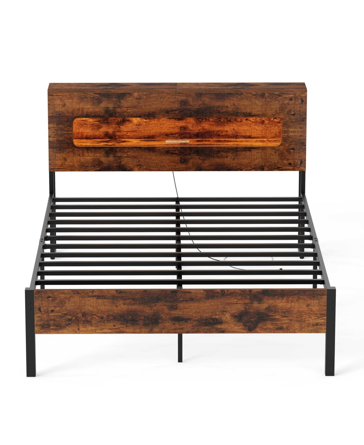 Mecale Slatted Full Bed Frame with Led Lights and Storage Headboard No Box Spring Needed Full Size