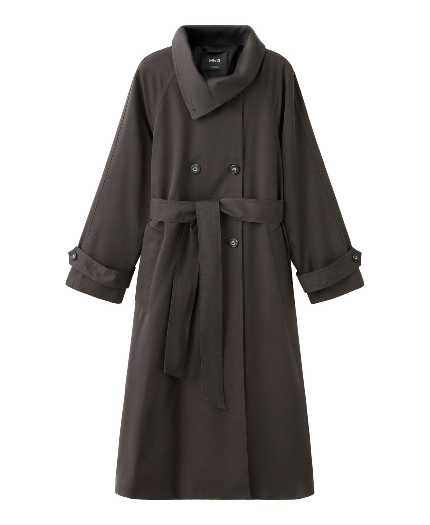 Women's Long Belted Funnel-Neck Trench Coat