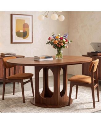 Extendable Dining Table for 4-8, Space Saving Wooden Round to Oval Kitchen Table with Modern Pedestal Base for Apartment Dining Room