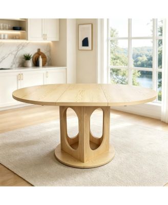 Extendable Dining Table for 4-8, Space Saving Wooden Round to Oval Kitchen Table with Modern Pedestal Base for Apartment Dining Room