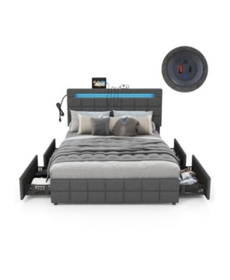 Upholstered LED Bed Frame with Headboard and 4 Drawers Full Size