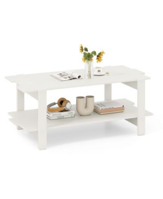 2 Tier Coffee Table Slatted Wood Center Table with Storage Shelf