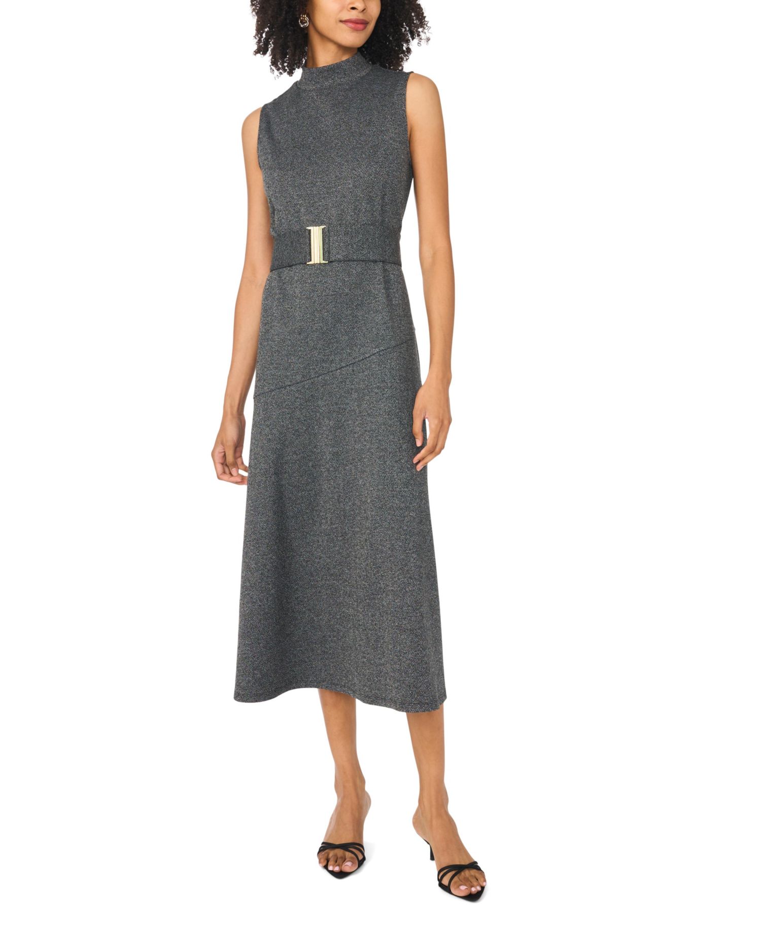 Women's High Mock-Neck A-Line Sleeveless Midi Dress