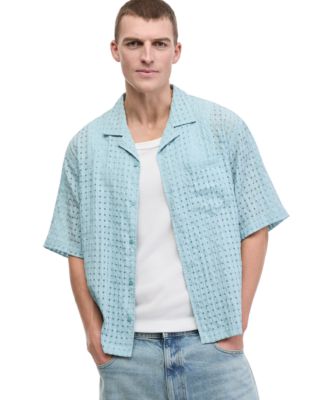 Men's Textured Check Short-Sleeve Camp-Collar Shirt, Macy's Exclusive