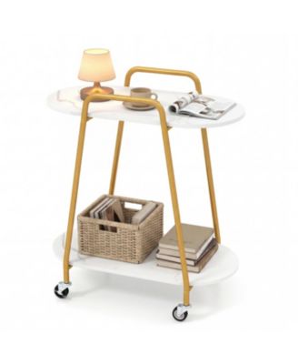 2 Tier Rolling End Table with Faux Marble Surfaces for Small Spaces