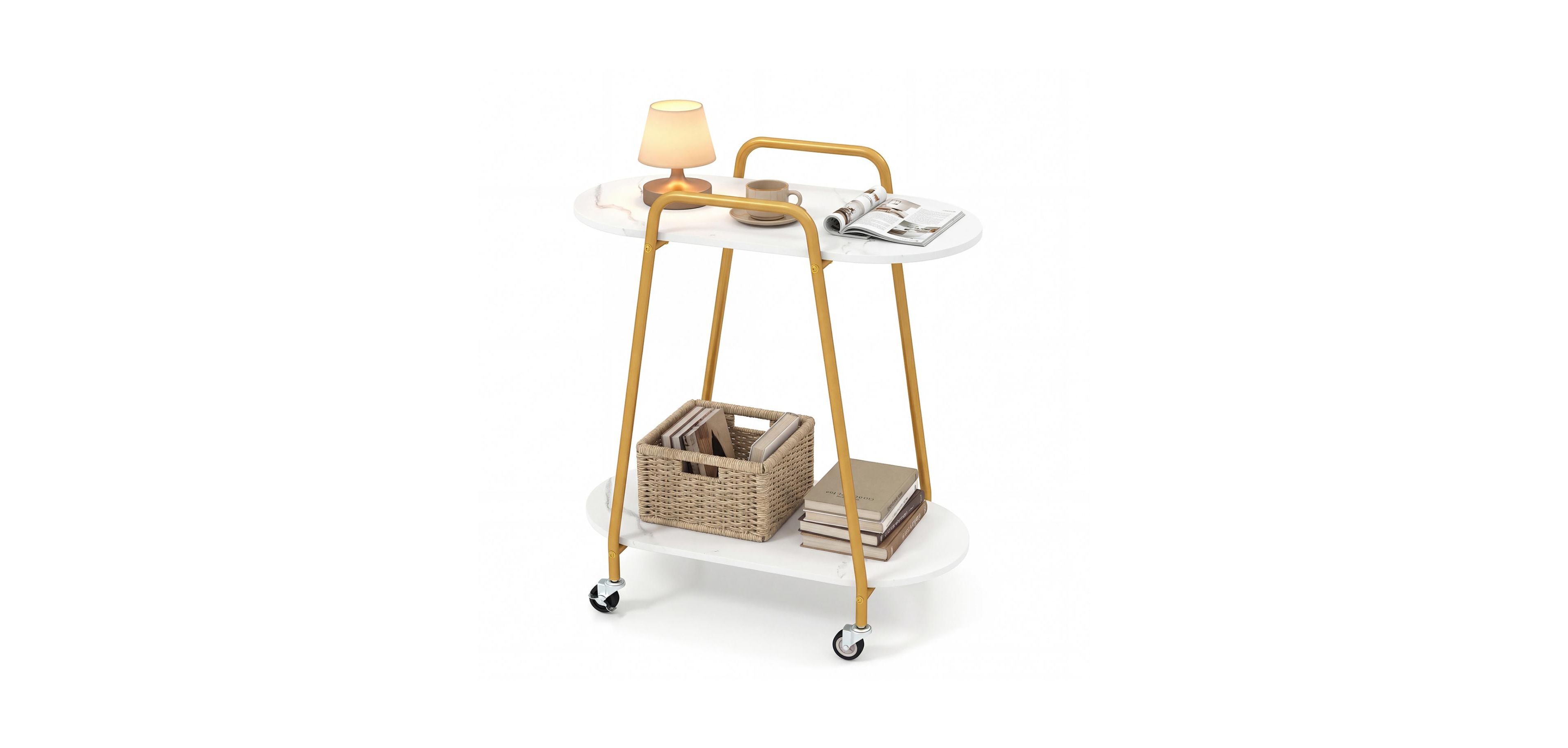 Mecale 2 Tier Rolling End Table with Faux Marble Surfaces for Small Spaces