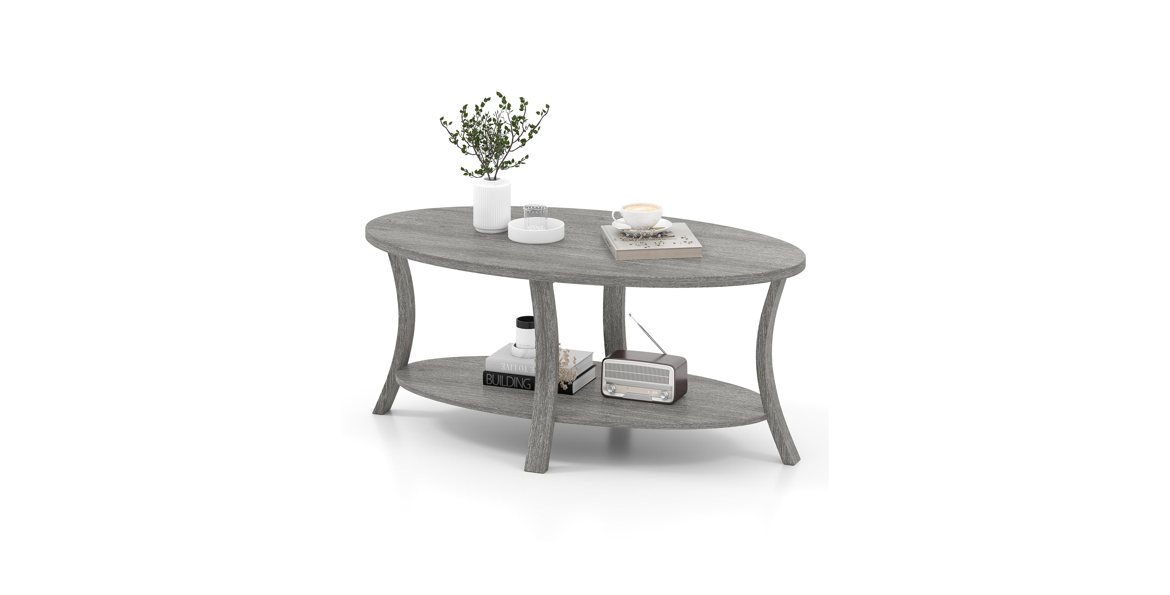 Mecale Oval Coffee Table 2 Tier Center Table with Storage Shelf