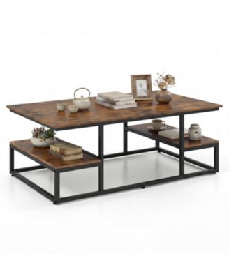 43 Inch Rectangle Coffee Table with Storage and Open Shelves Rustic