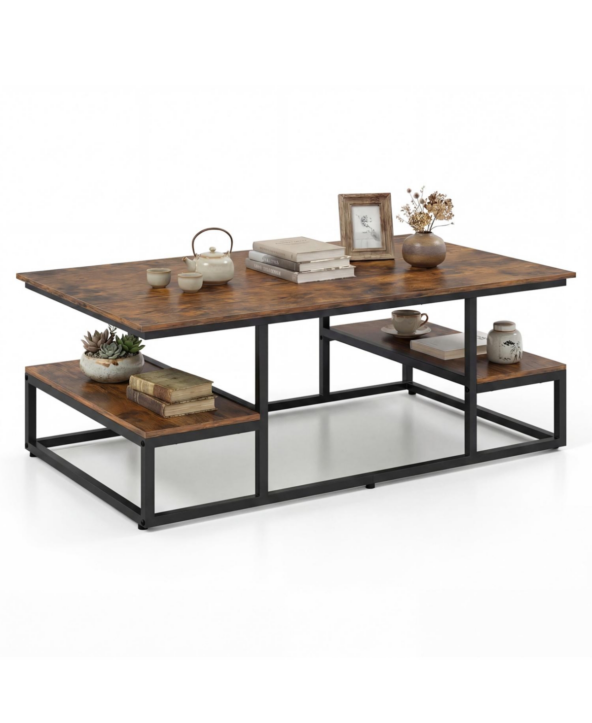 Mecale 43 Inch Rectangle Coffee Table with Storage and Open Shelves Rustic
