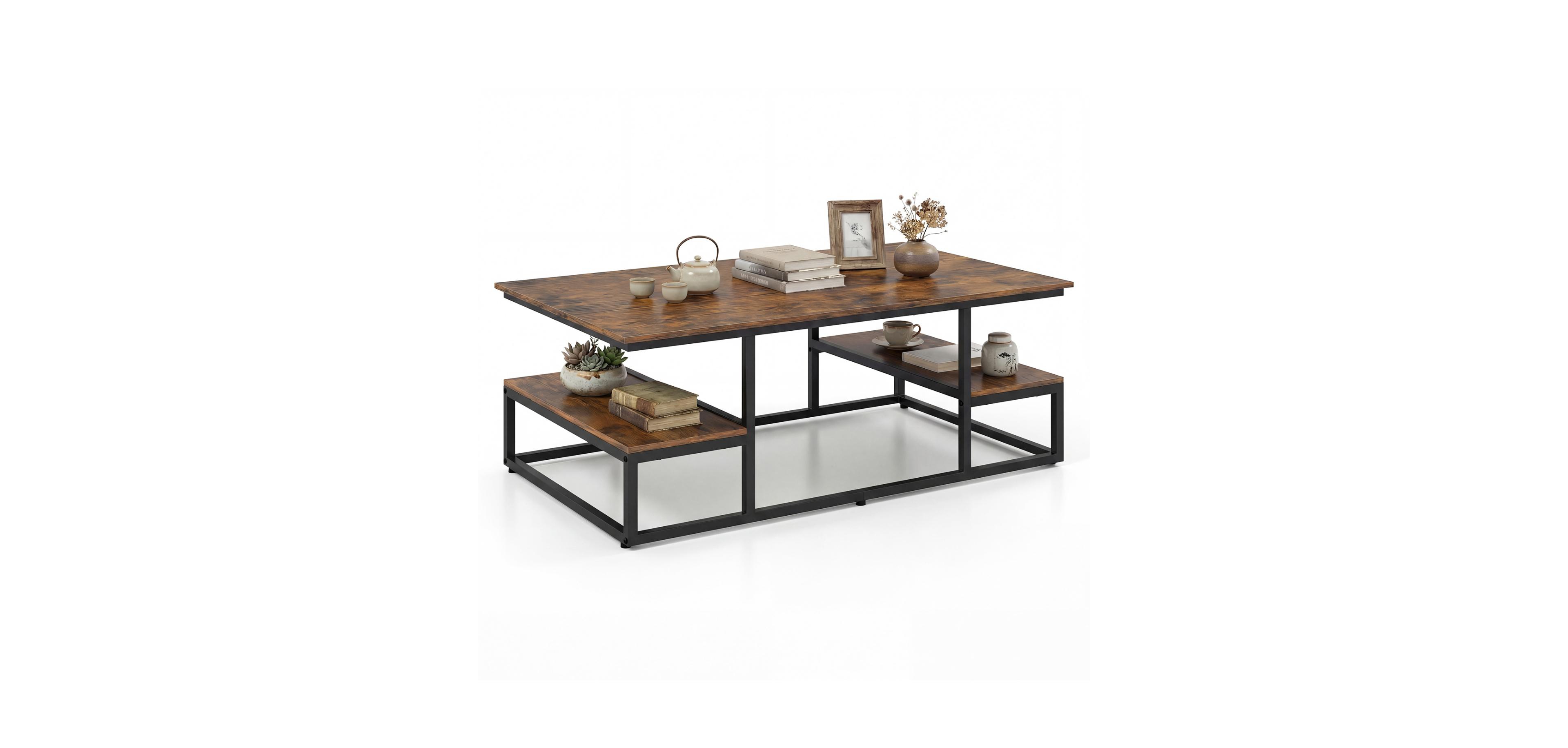 Mecale 43 Inch Rectangle Coffee Table with Storage and Open Shelves Rustic