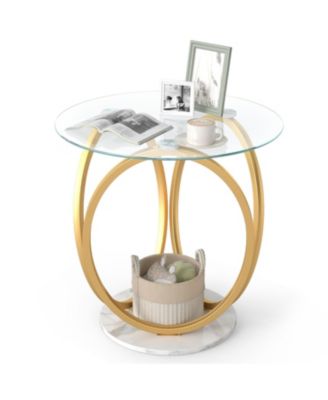 Round End Table Faux Marble Side Table with Tempered Glass Tabletop