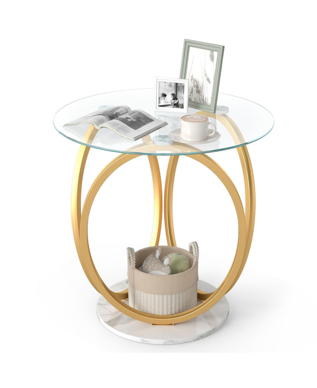 Mecale Round End Table Faux Marble Side Table with Tempered Glass Tabletop
