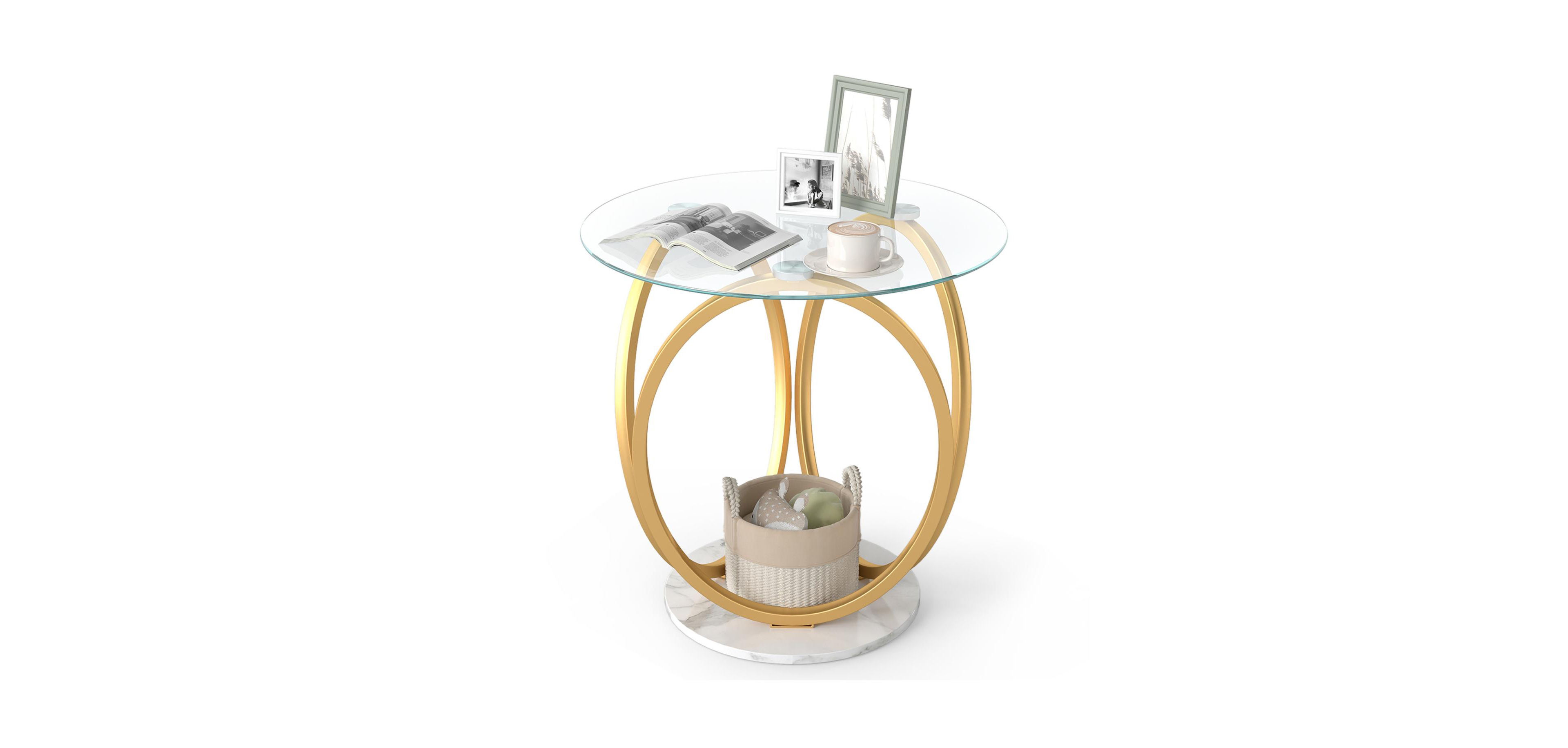 Mecale Round End Table Faux Marble Side Table with Tempered Glass Tabletop