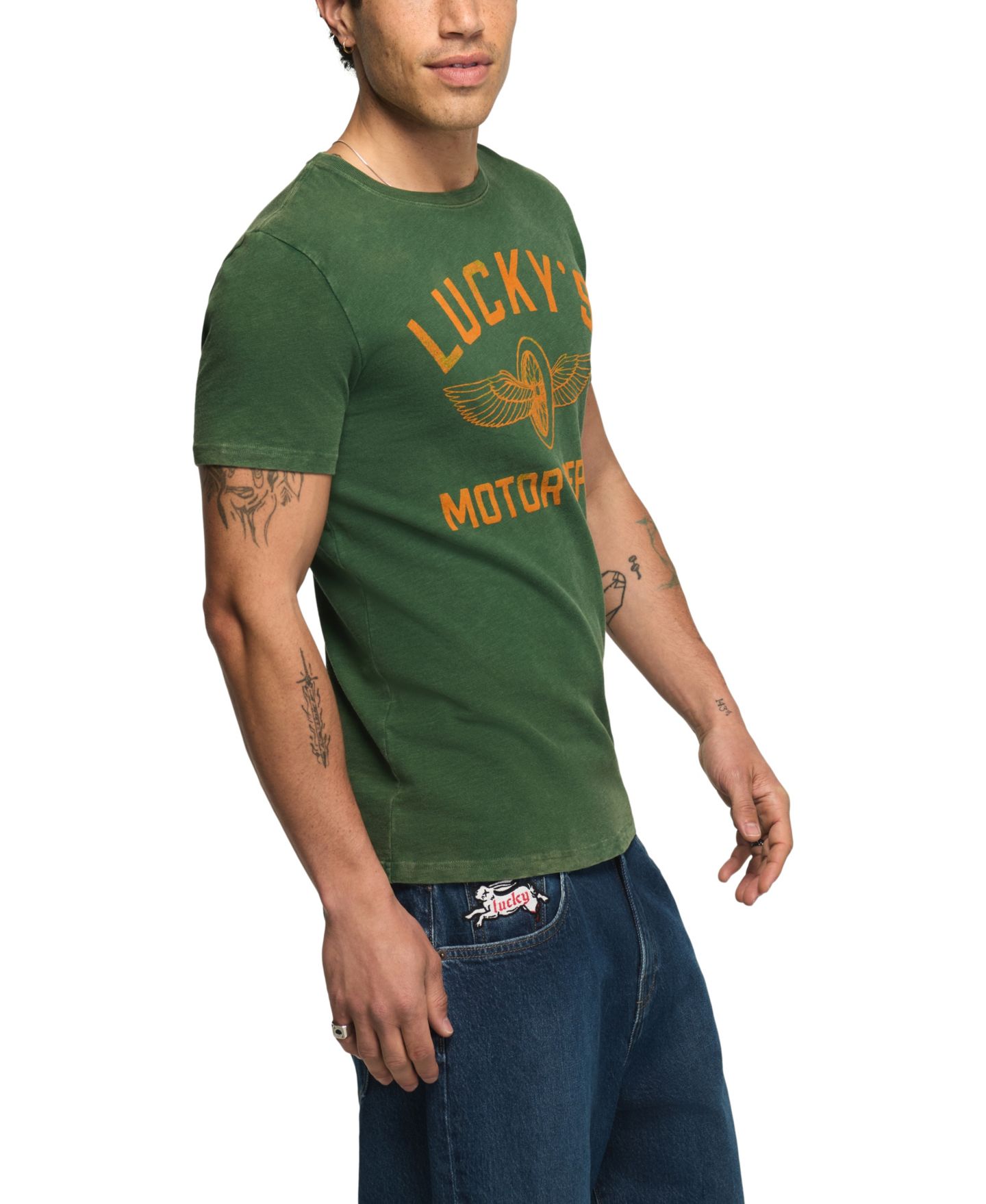 Мужская футболка Lucky Brand Garage Graphic Regular-Fit, цвет: Тёмный зелёный — фото 2
